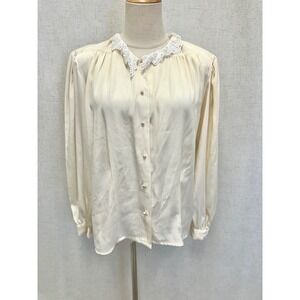 La Blouse Blouse Women 8 Cream Lace Collar Pearl Button Up Vintage 70s Granny